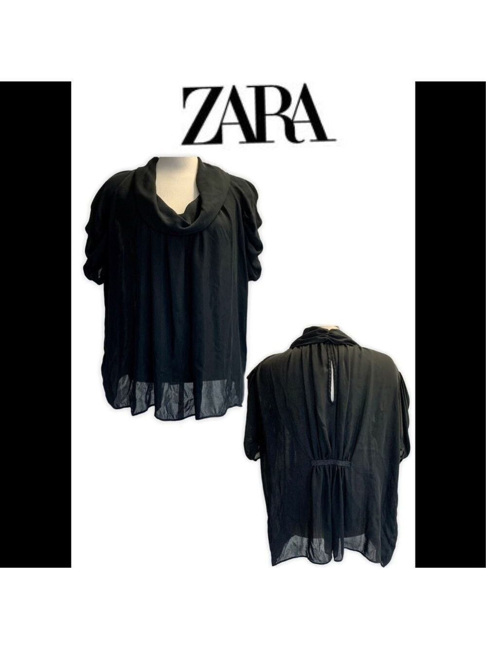 ZARA black chiffon Cowell neck short sleeve gathered blouse
Sz M